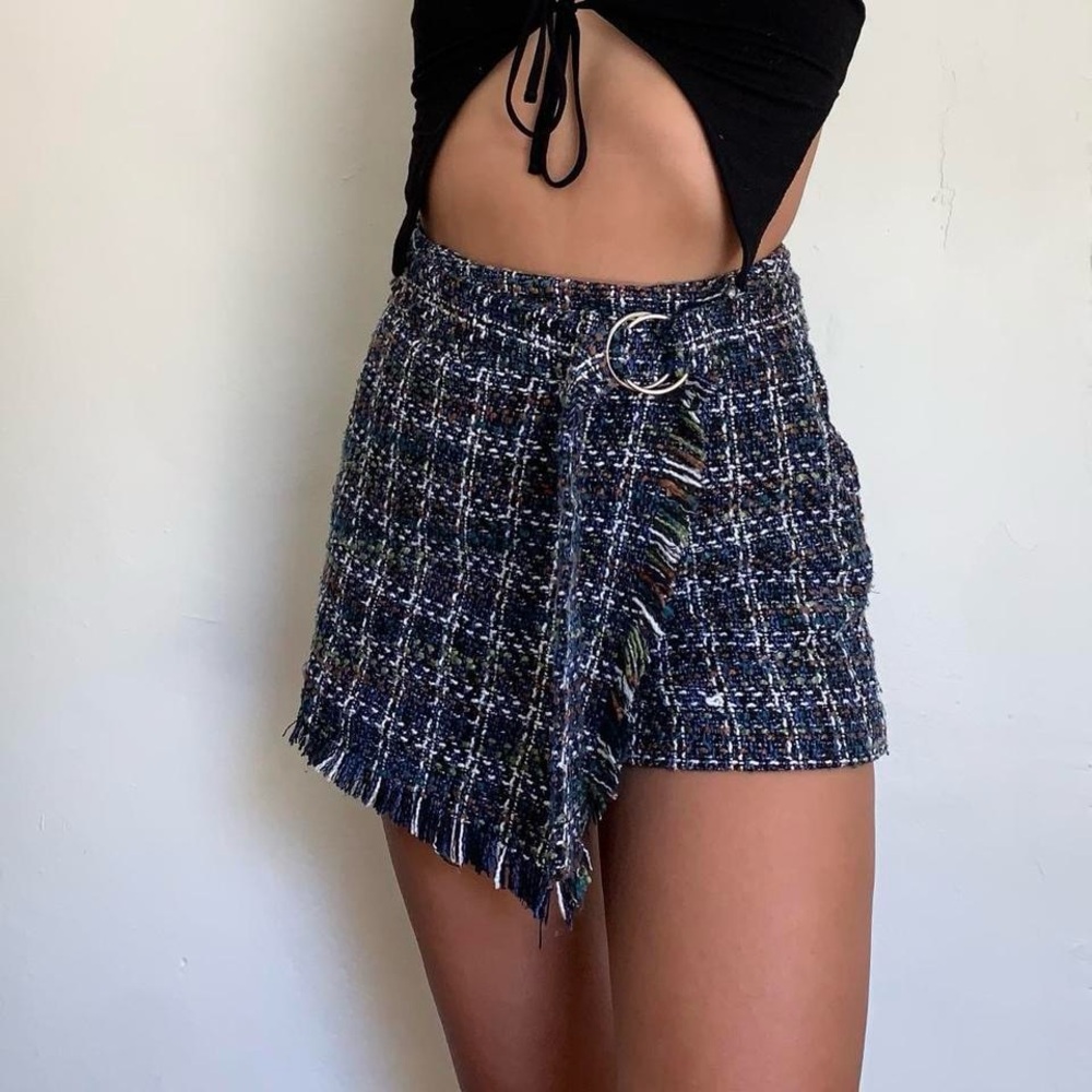 Blue Tweed High Waist Mini Skirt Shorts